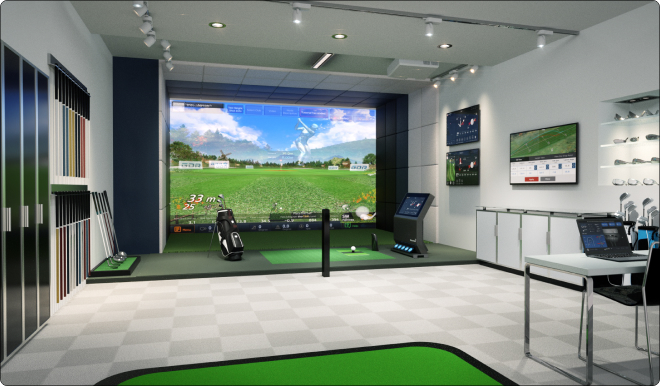 Example of a professional indoor setup showing how much space you need for a golf simulator, including a hitting mat, screen, golf clubs, and swing analysis tech in a dedicated room.