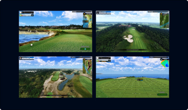 Screenshot collage of four virtual golf fairways featured in Golfzon’s simulator, showcasing bright skies, lush greens, and clear course layouts—visual highlights from the top 10 easiest Golfzon courses for beginners.